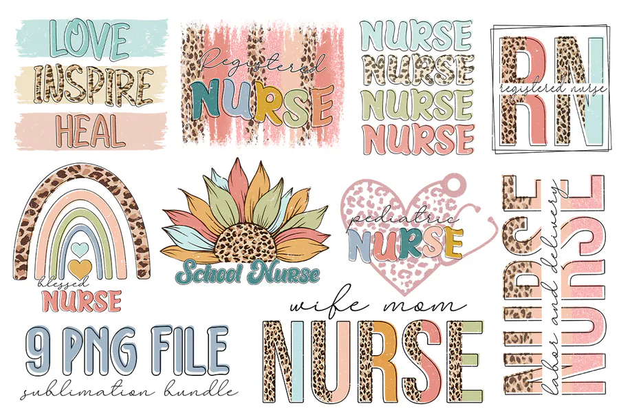 Nine nurse graphics with sunflower, rainbow and caring-word designs
