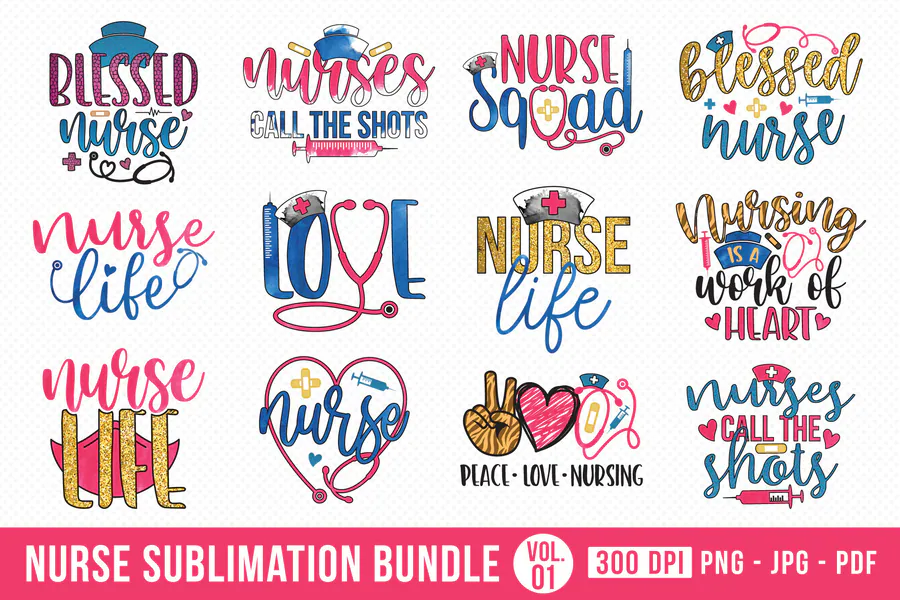Twelve colorful nurse sayings with stethoscopes, hearts and medical motifs