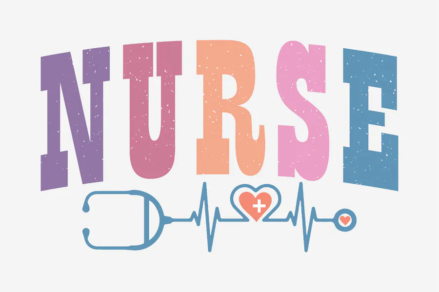 Pastel NURSE block letters above a stethoscope and heartbeat line