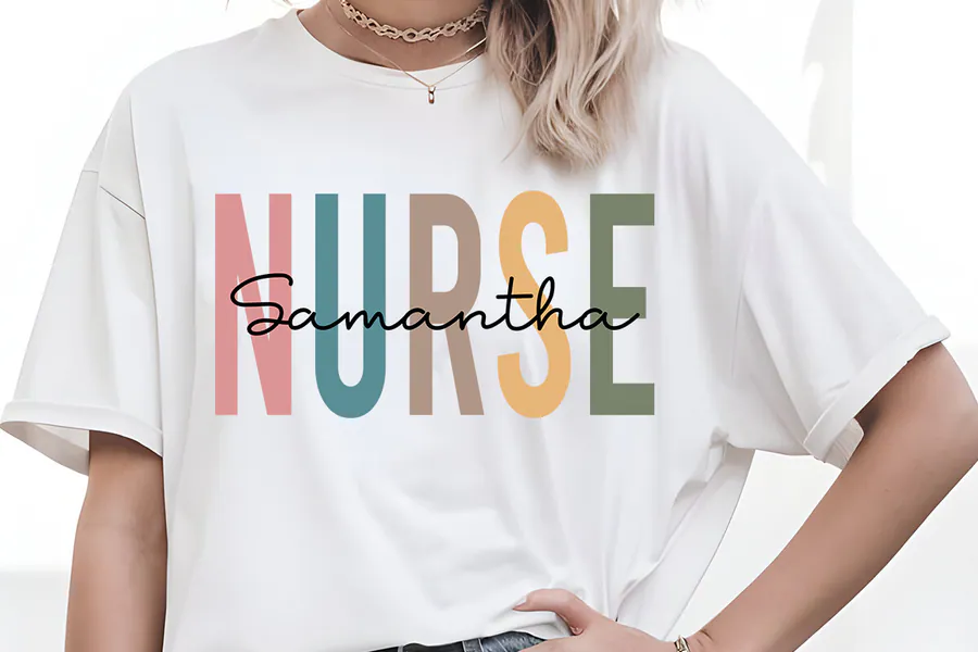 Pastel NURSE lettering with a script name example on a light shirt