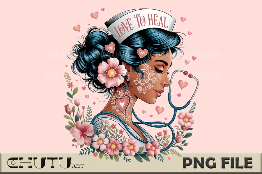 Floral illustrated nurse with stethoscope and Love to Heal wording