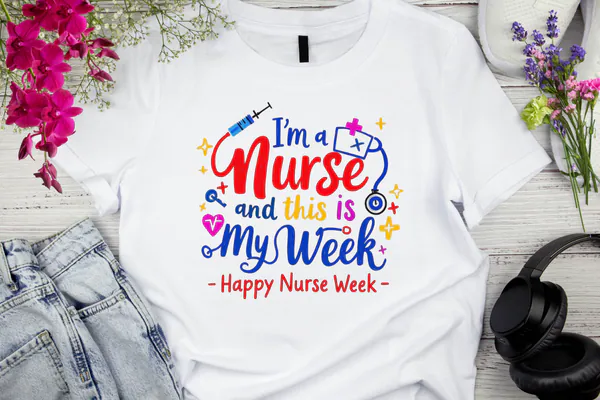 Bright Nurse Week lettering with medical symbols on a white shirt