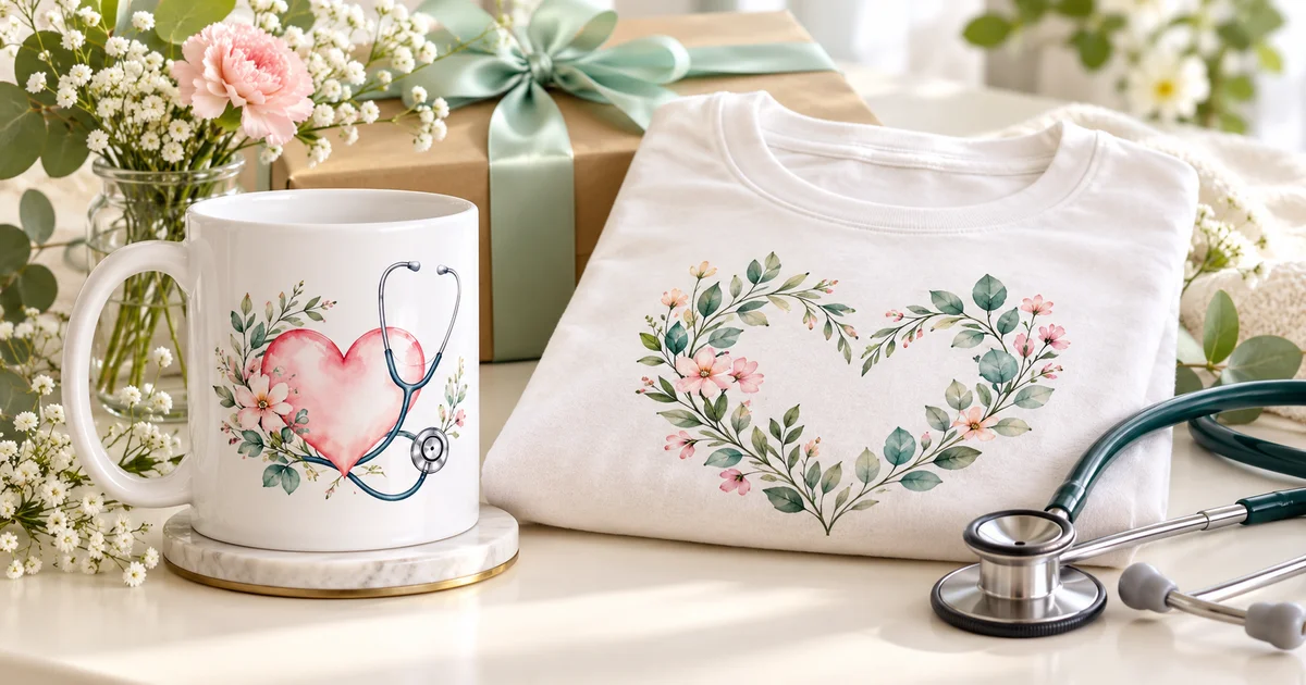 Nurse week sublimation gifts arranged with a mug, shirt and flowers