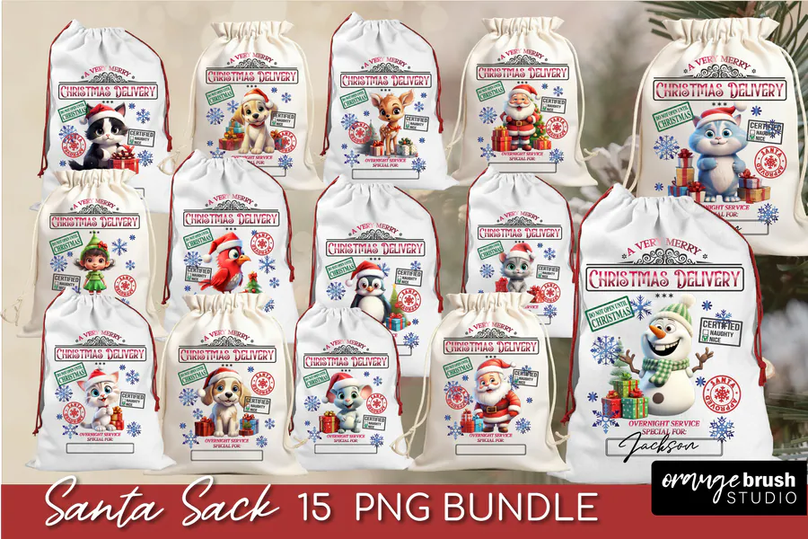 Fifteen Santa sack designs with winter animals, snowmen and delivery labels