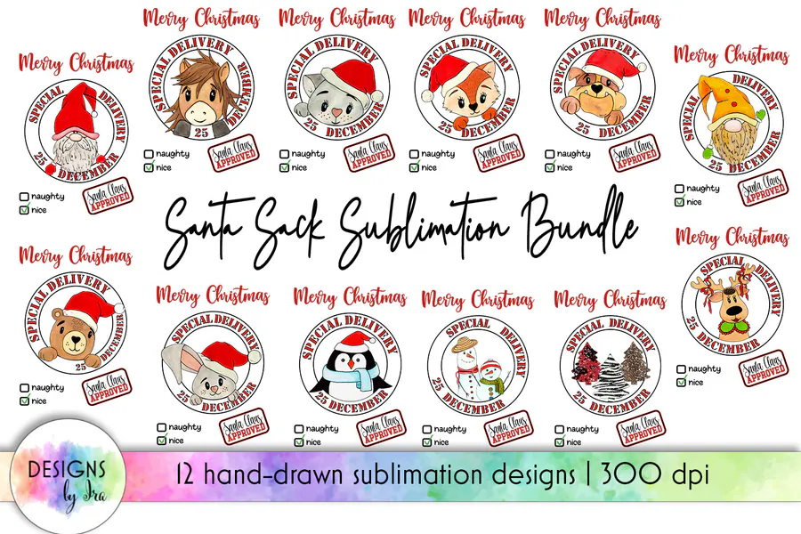 Twelve round Christmas character badges for Santa gift sacks