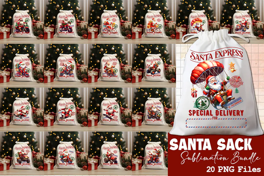 Twenty vintage Santa Express gift-sack designs