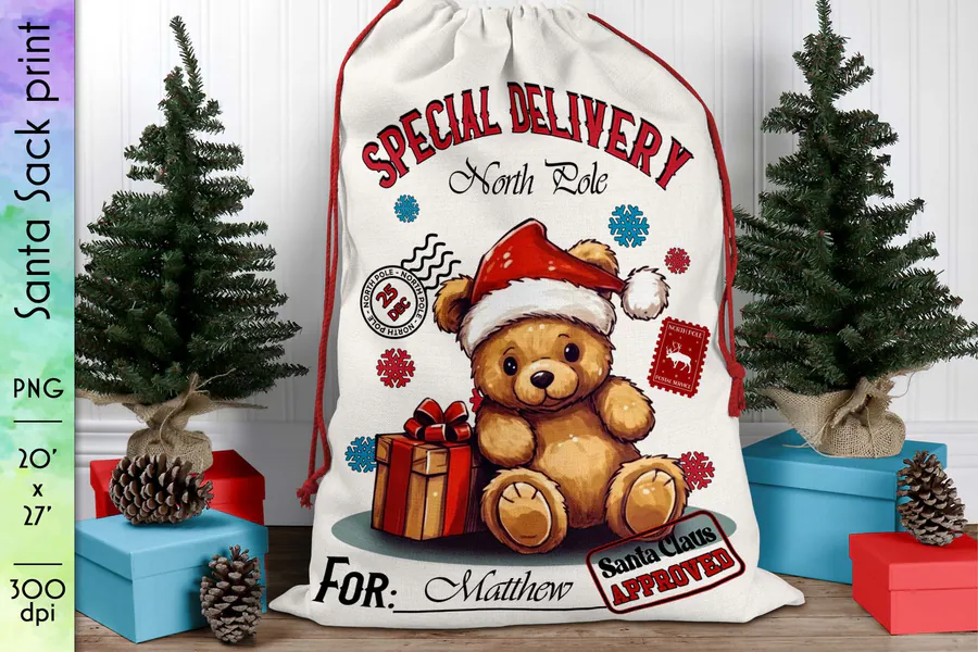 Teddy bear Santa sack design with a blue winter delivery layout