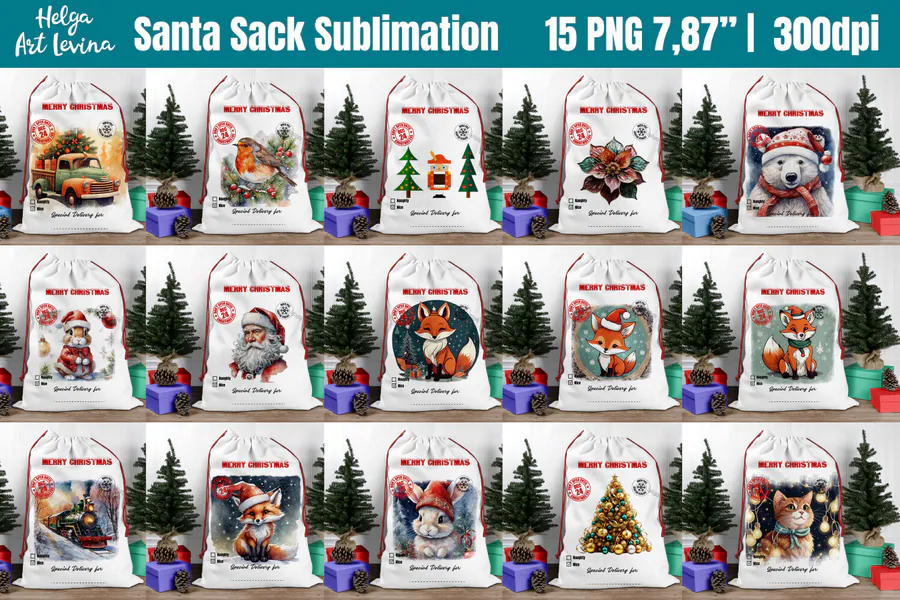 Fifteen woodland Christmas gift-sack designs with animals and snowy trees