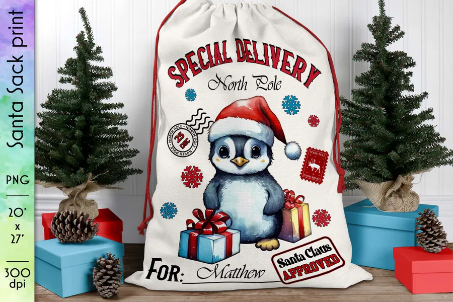 Penguin in a Santa hat on a blue special-delivery gift sack