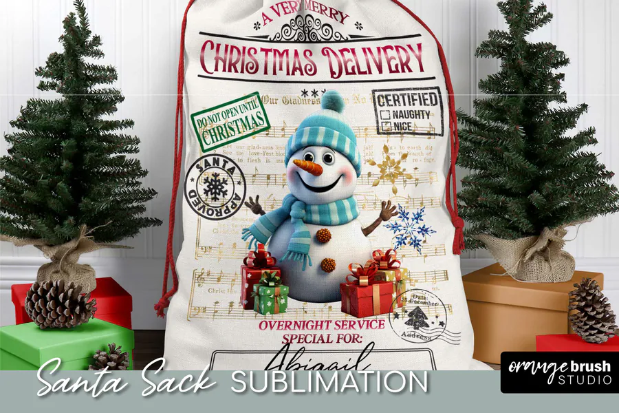 Snowman Santa sack artwork with Christmas delivery labels and presents