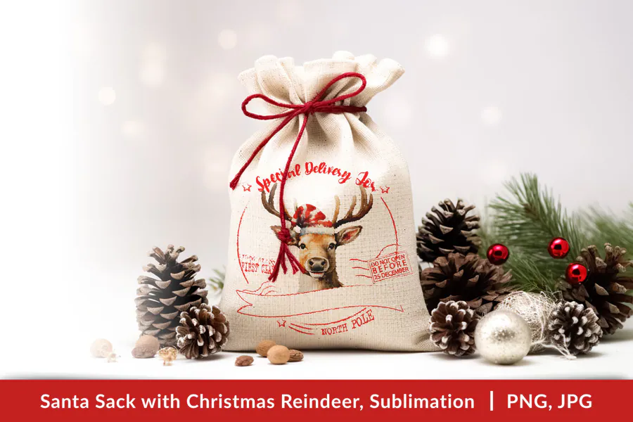 Reindeer illustration with red delivery accents for a Christmas gift sack