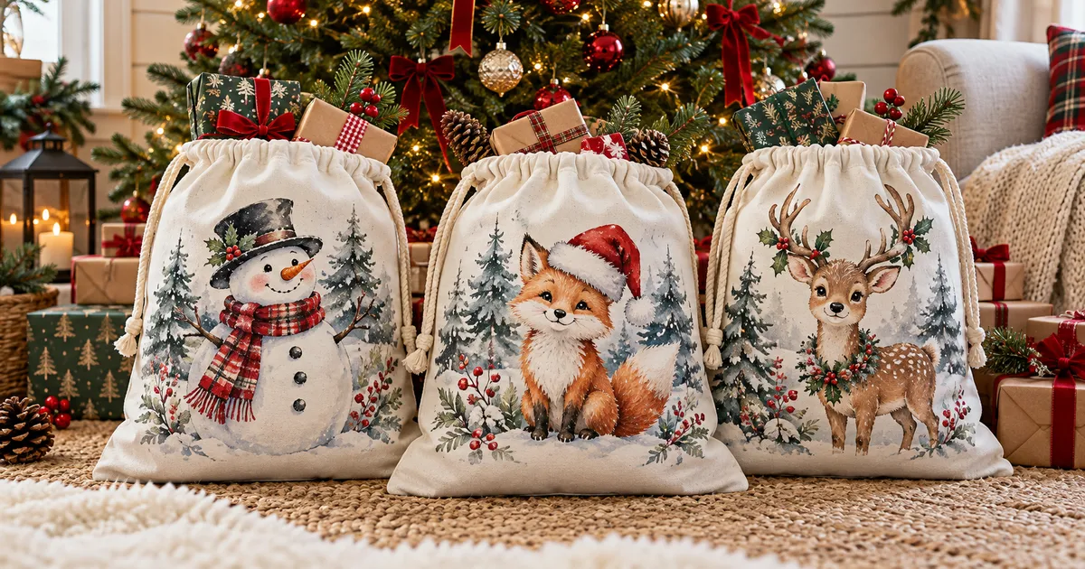 Santa sack sublimation gift bags with winter animal illustrations beside a Christmas tree