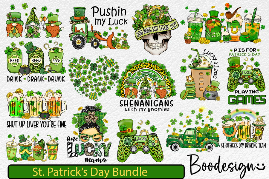 St Patrick’s Day bundle with lucky clovers, leprechauns and party sayings