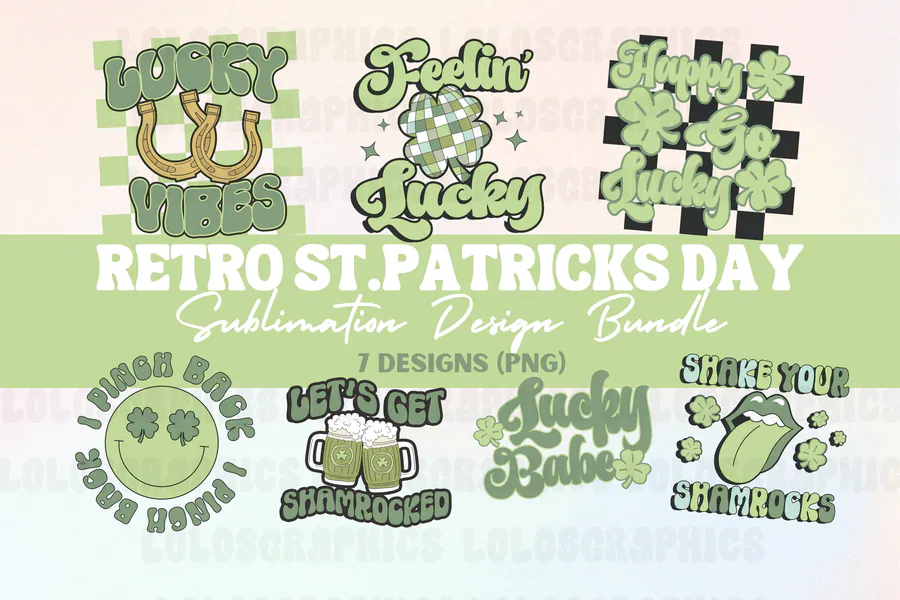 Seven retro St Patrick’s Day quote designs in green
