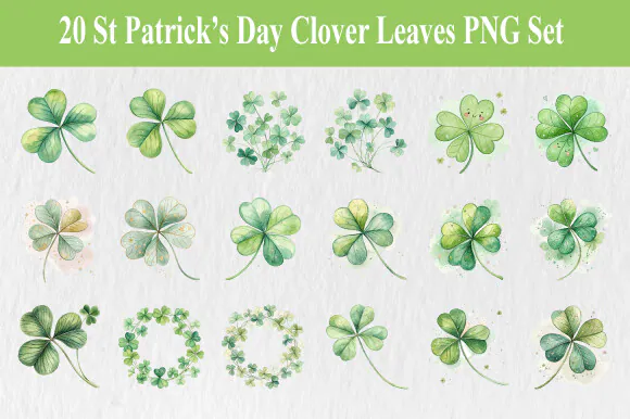 Watercolor clover leaves, small sprigs and a clover wreath