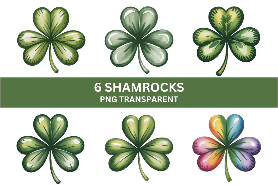 Six glossy illustrated clovers in green and rainbow colors