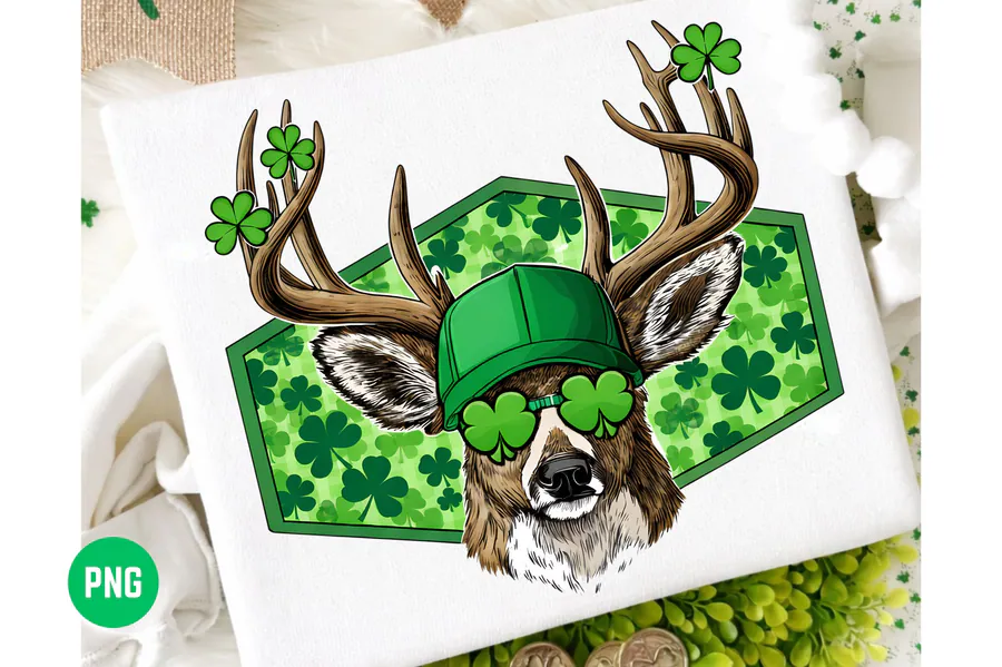 Deer in a green hat and clover sunglasses with shamrock backdrop