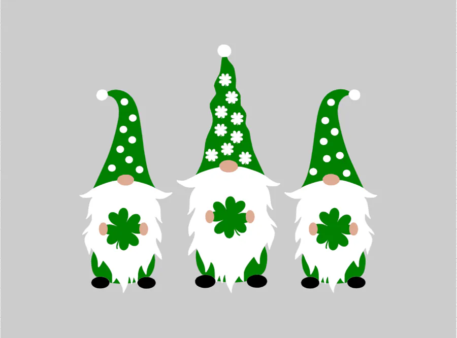 Three green-hatted St Patrick’s Day gnomes with clovers