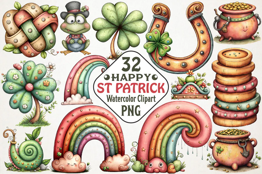 Watercolor St Patrick’s Day rainbows, horseshoes and lucky clovers