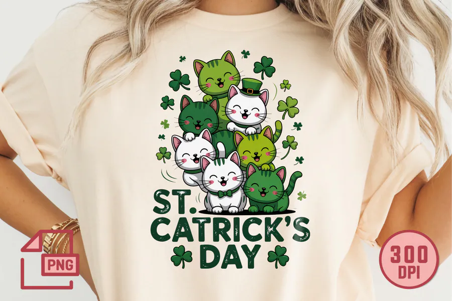 Stacked festive cats with St Catrick’s Day lettering and clovers