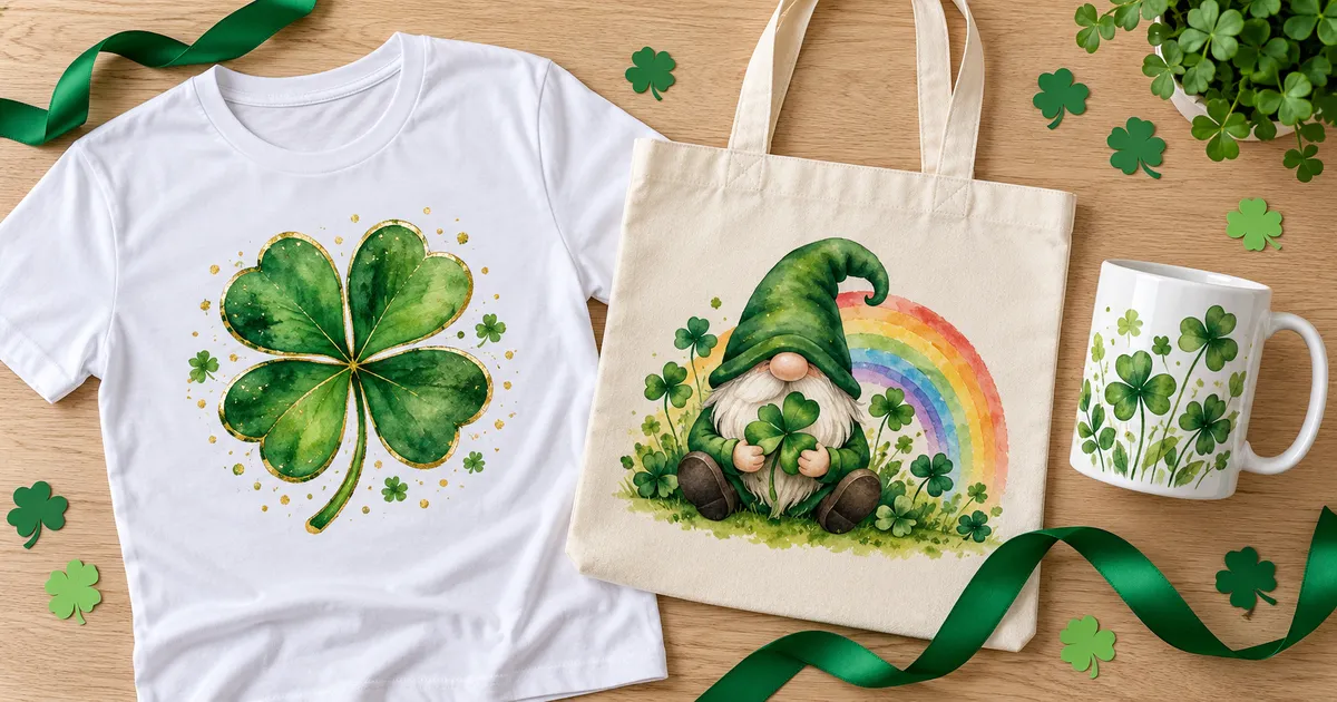 St Patrick's Day sublimation gift styling with green clovers, a simple gnome and a rainbow on light craft blanks