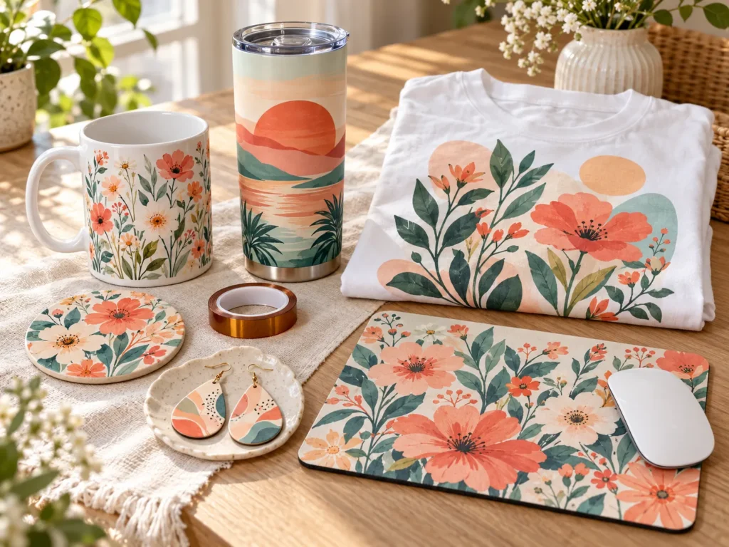 Sublimation blanks with floral and sunset designs: mug, tumbler, T-shirt, coaster, earrings and mouse pad on a craft table