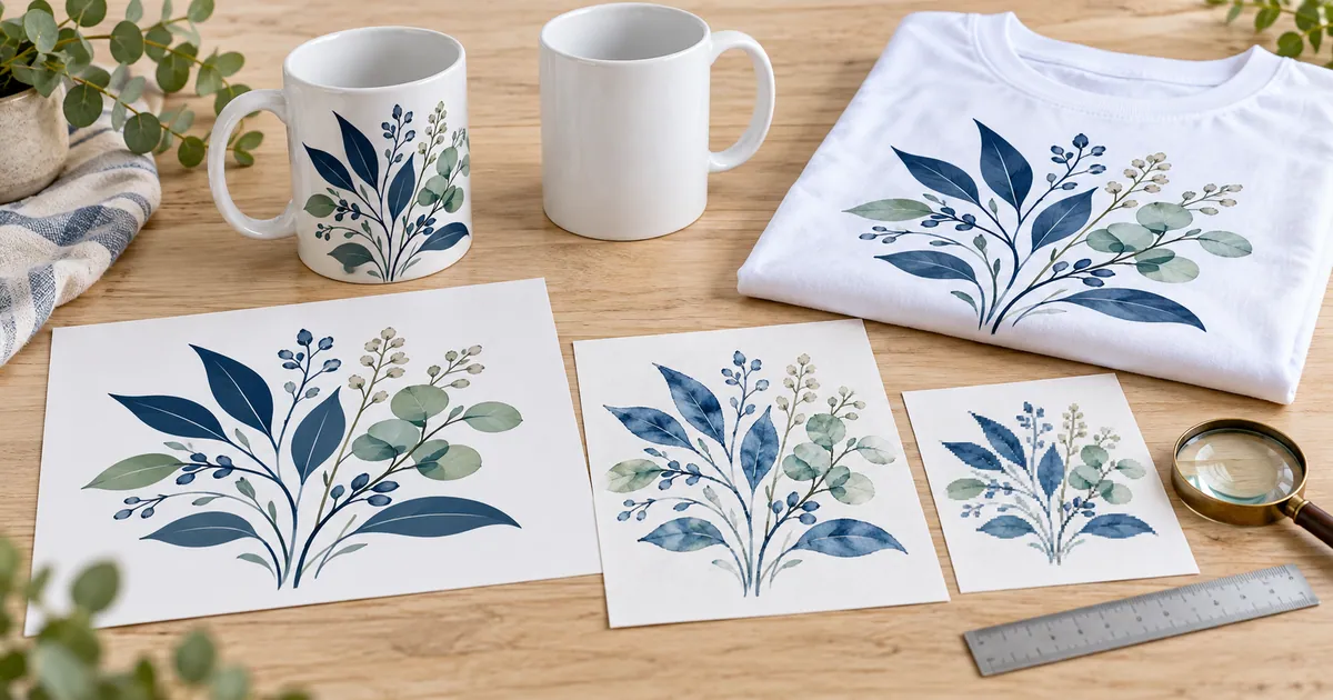Botanical mug and shirt beside a blank mug and paper artwork samples with crisp, watercolor and pixelated edges