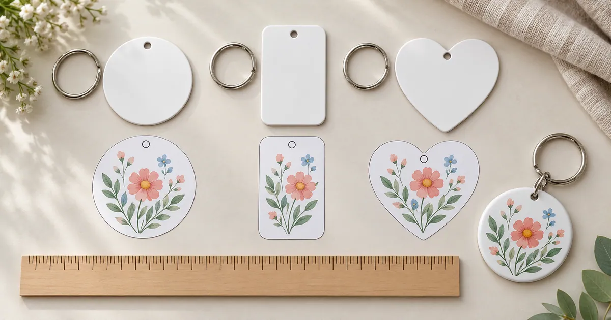 Round, rectangular and heart keychain blanks with matching floral paper templates and clear hardware holes