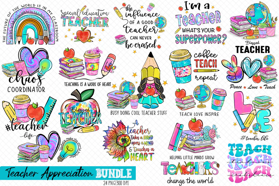 Teacher appreciation bundle with colorful rainbows, pencils and sayings