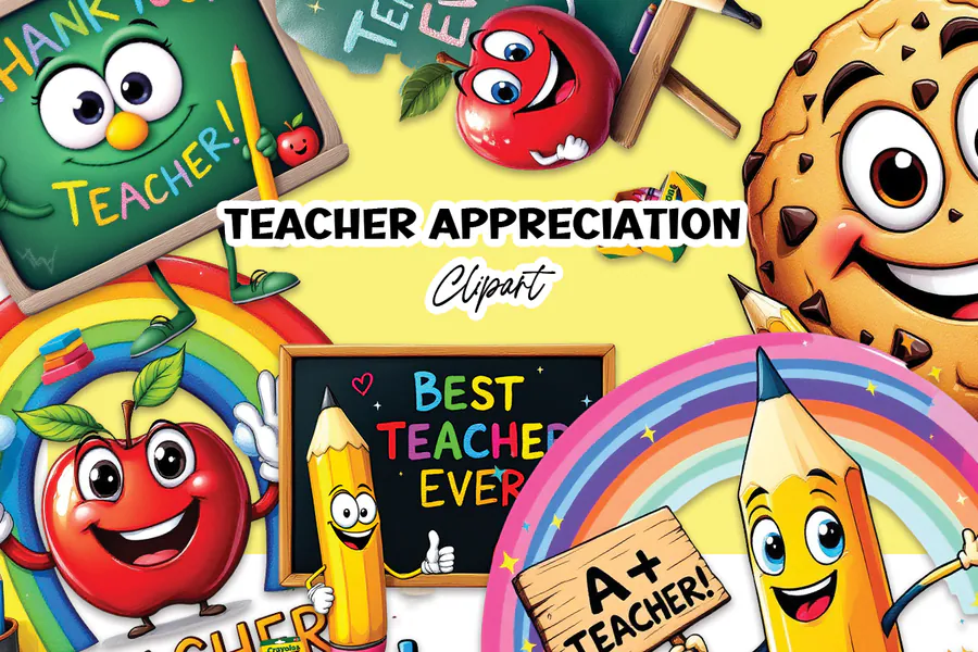 Smiling apple and pencil teacher characters with rainbow and school supplies