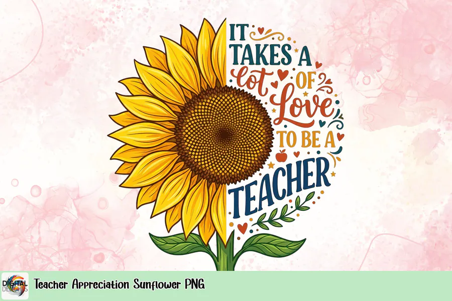 Yellow sunflower with a multicolored teacher love message