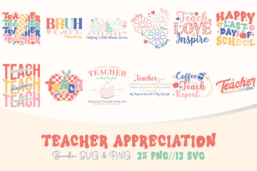 Teacher appreciation sayings shown in colorful and black lettering