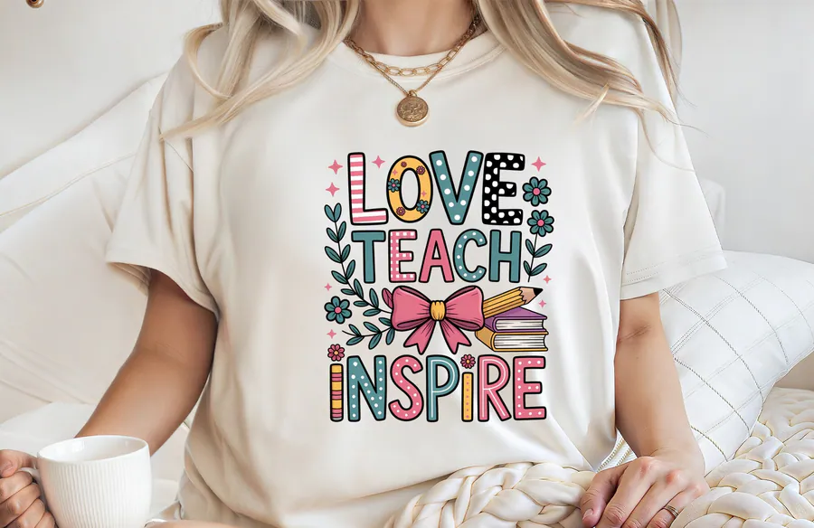 Teach Love Inspire design with flowers, pencils and classroom details