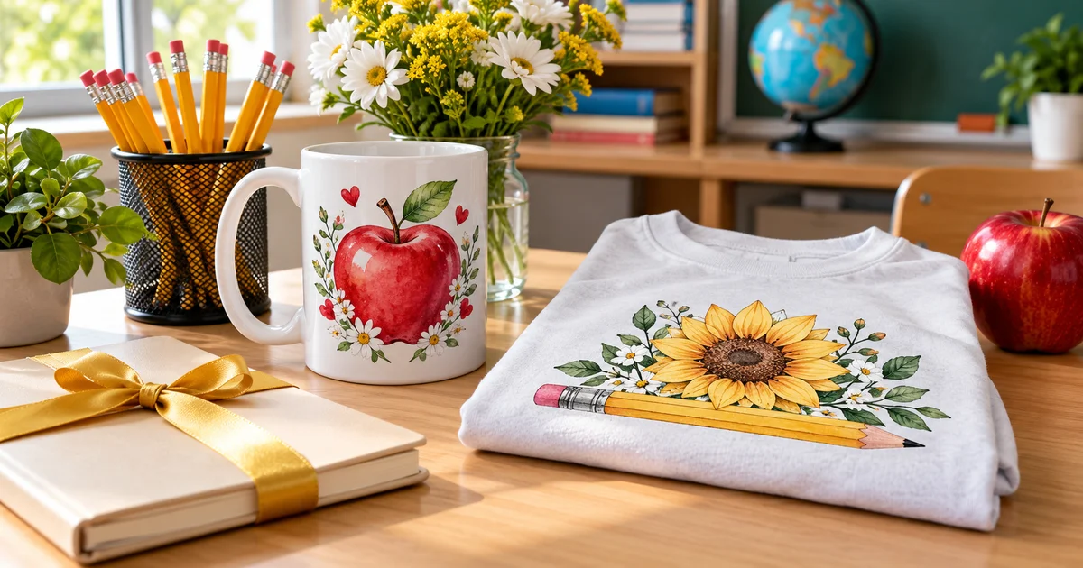 Teacher appreciation sublimation gifts arranged with a mug, shirt and flowers
