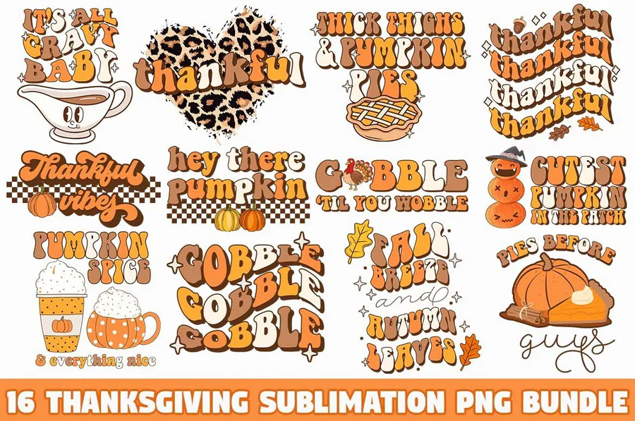 Retro Thanksgiving lettering and pumpkin motifs in a 16-design preview