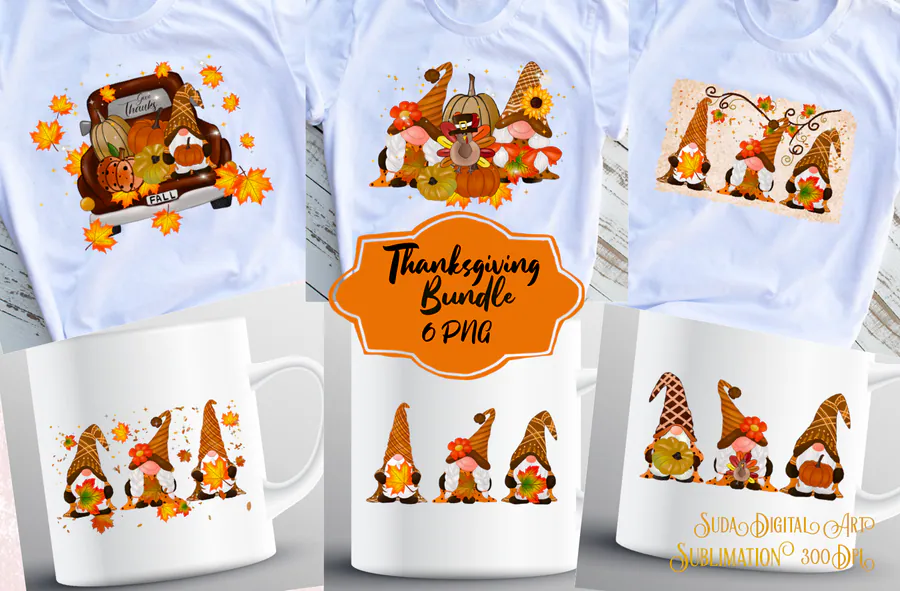 Six Thanksgiving designs with gnomes, pumpkins, a turkey and sunflowers