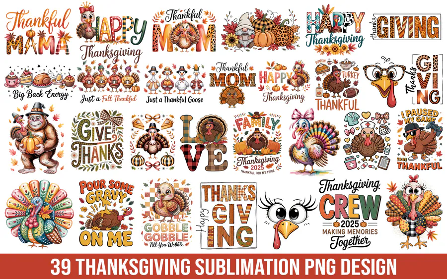 Thanksgiving PNG collection with colorful turkeys, bows and gratitude wording