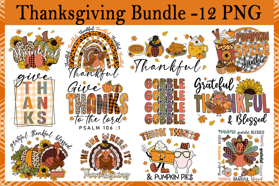 Twelve Thanksgiving PNG graphics with turkeys, pumpkins, rainbows and a cross