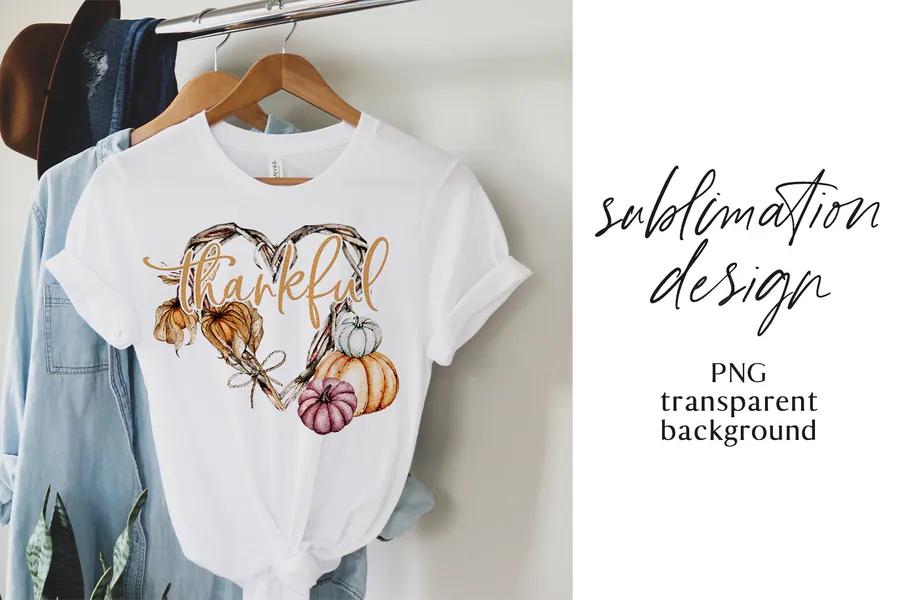 Watercolor pastel pumpkins and autumn leaves surrounding Thankful script