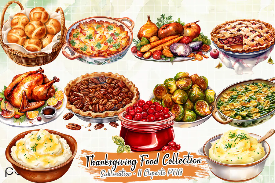 Watercolor Thanksgiving food with turkey, pie and festive side dishes