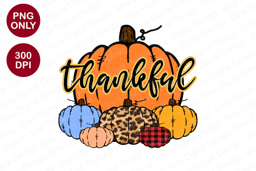Thankful script with orange, plaid and leopard-patterned pumpkins
