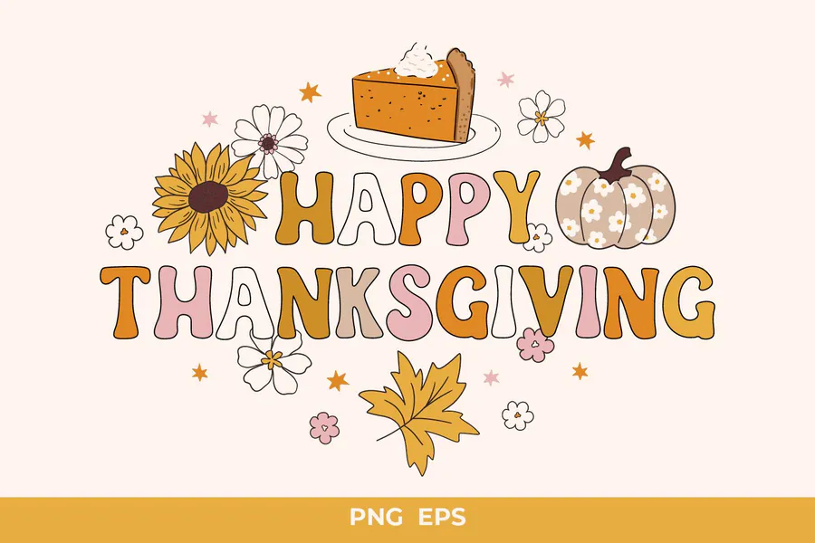 Pastel Happy Thanksgiving lettering with pie, pumpkins and flowers