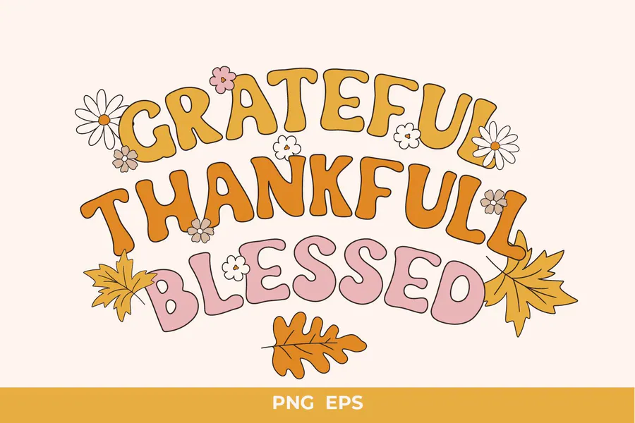 Grateful Thankful Blessed lettering with pastel daisies and autumn leaves