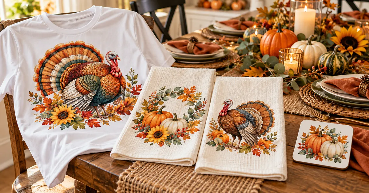Thanksgiving craft table with a light shirt, towel, pumpkins and coordinated table gifts
