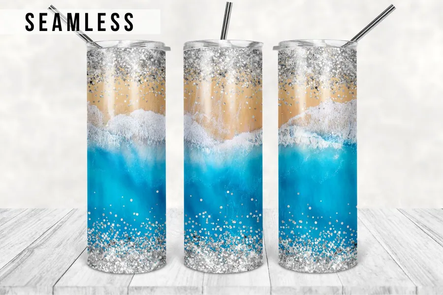 Blue ocean and sand beach tumbler wrap with printed glitter accents