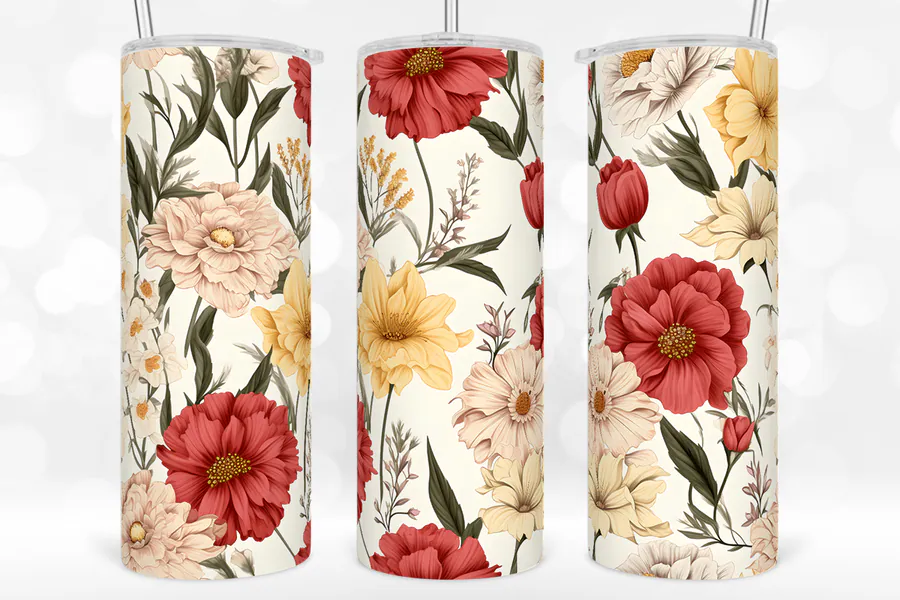 Retro red and yellow floral wrap on light skinny tumblers