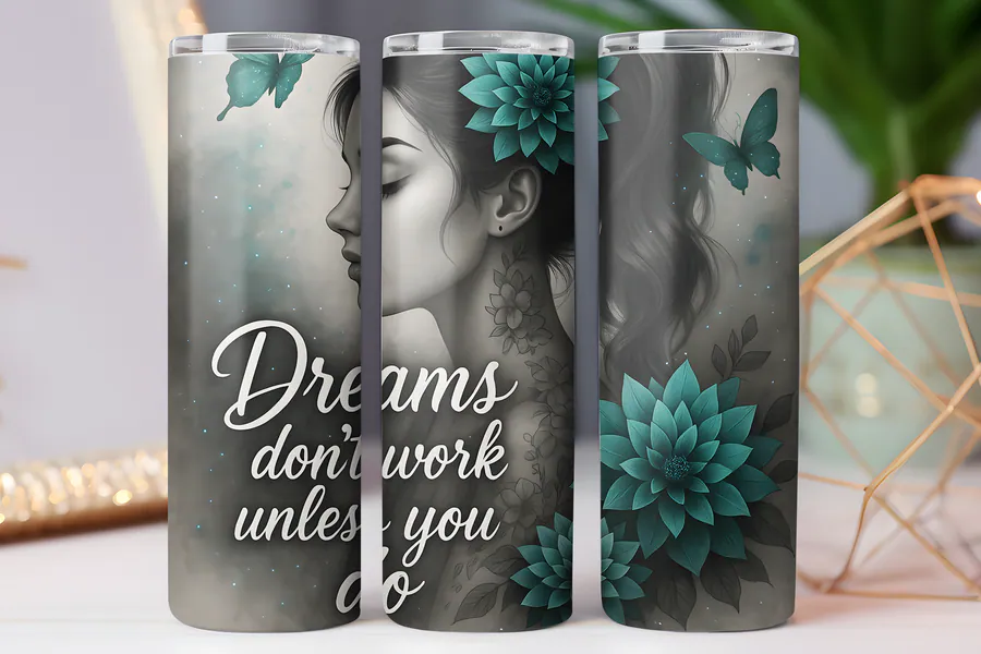 Teal floral motivational wrap with Dreams Don’t Work Unless You Do saying