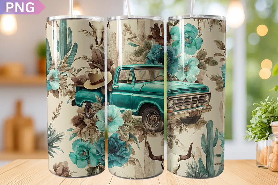 Turquoise pickup truck western wrap with pale flowers