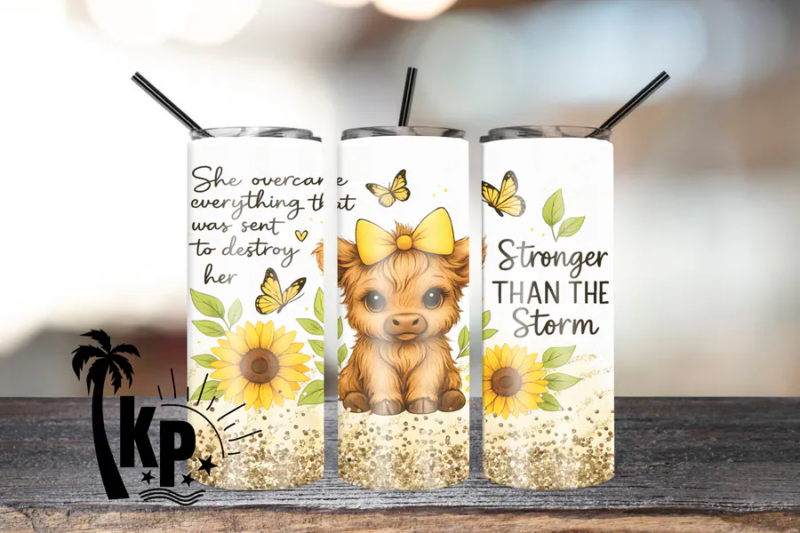 Cute Highland cow with a yellow bow, sunflowers and encouraging quotes