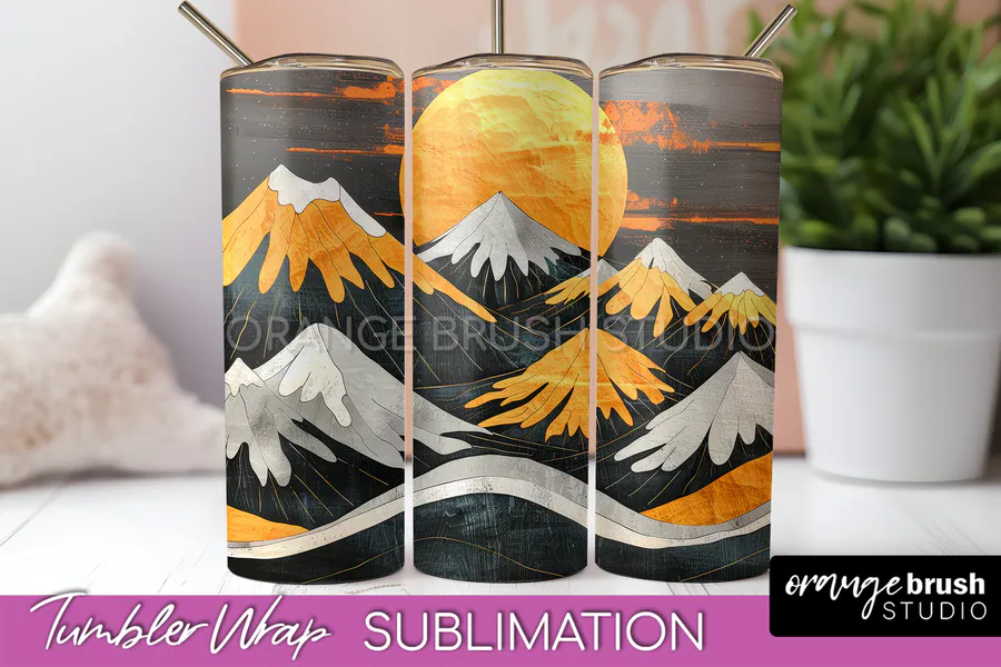Minimalist boho mountain landscape with an orange sun